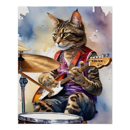 Gestreept Grijs Tabby Cat Rock Star Gitaar spelen Perfect Poster (Voorkant)