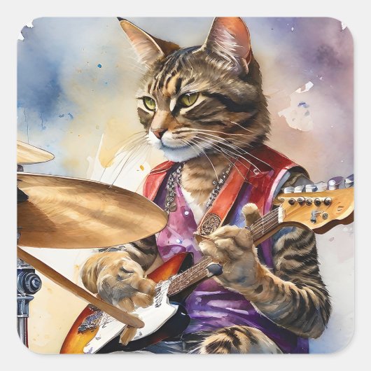 Gestreept Grijs Tabby Cat Rock Star Gitaar spelen Vierkante Sticker (Voorkant)