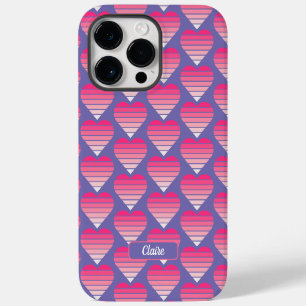 Gestreept Hartpatroon Roze Magenta Paars Naam iPhone 14 Pro Max Hoesje