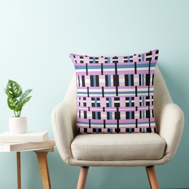 Gestreept in Slate Blue, Orchid, Black & White Kussen (Stoel)
