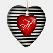 Gestreept monogram hart | Zwart Wit Rood Keramisch Ornament (Rechts)