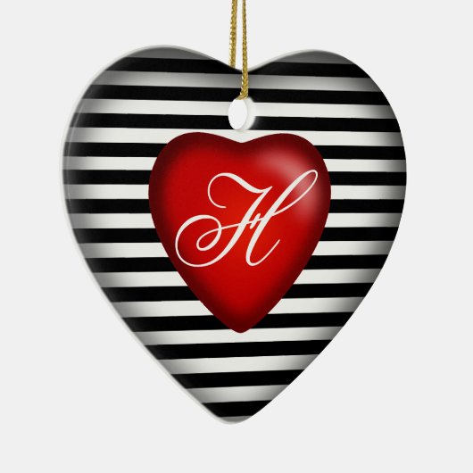 Gestreept monogram hart | Zwart Wit Rood Keramisch Ornament (Rechts)