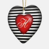 Gestreept monogram hart | Zwart Wit Rood Keramisch Ornament (Links)