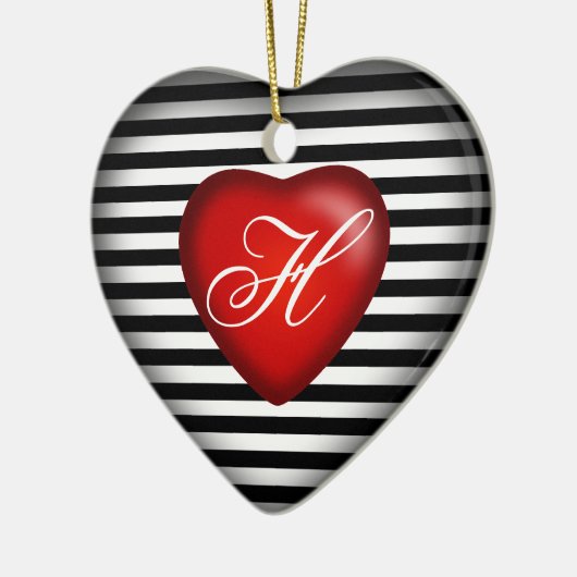 Gestreept monogram hart | Zwart Wit Rood Keramisch Ornament (Links)