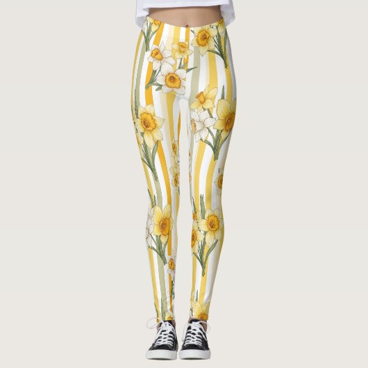 Gestreept Narcissen Bloempatroon Leggings (Voorkant)