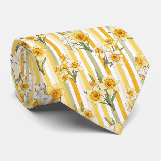 Gestreept Narcissen Bloempatroon Stropdas (Opgerold)