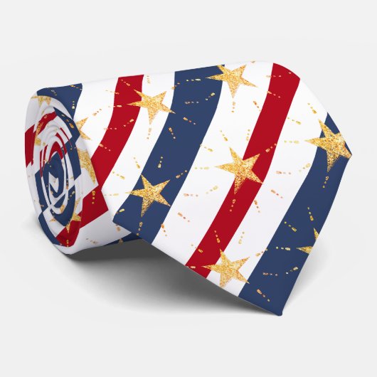 Gestreept rood wit en blauw 2 Gold Star-schuin Stropdas (Opgerold)