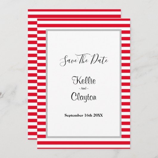 Gestreept rood/wit wedding save the date met lijst (Voorkant / Achterkant)