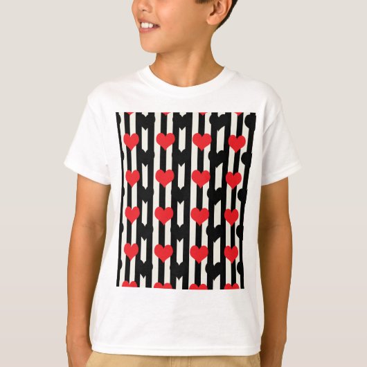 Gestreept Rood Zwart Liefde Hart Patroon Design T-shirt (Voorkant)
