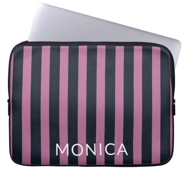 gestreept roze | aangepaste naam marine laptop sleeve (Voorkant)