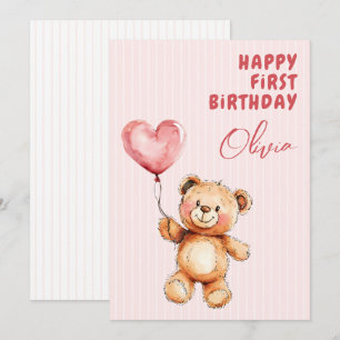 Gestreept Roze Ballon Teddybeer Gelukkig 1e Verjaa Kaart