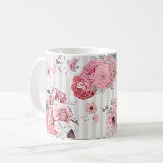 gestreept roze bloemmotief koffiemok (Voorkant links)