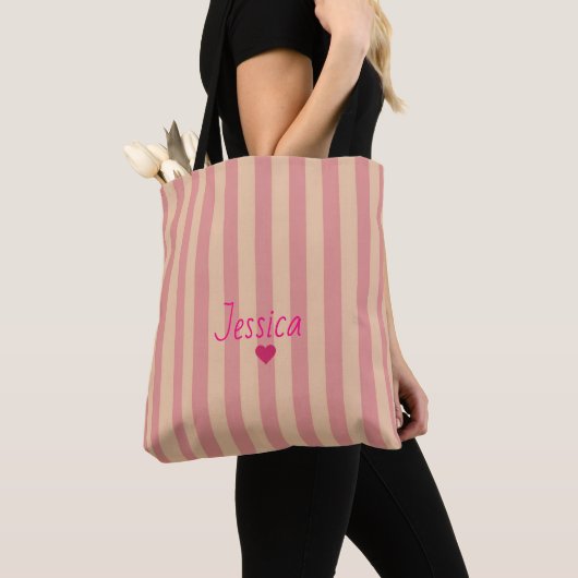 Gestreept Roze Eenvoudig Elegant Aangepaste Naam Tote Bag (Dichtbij)