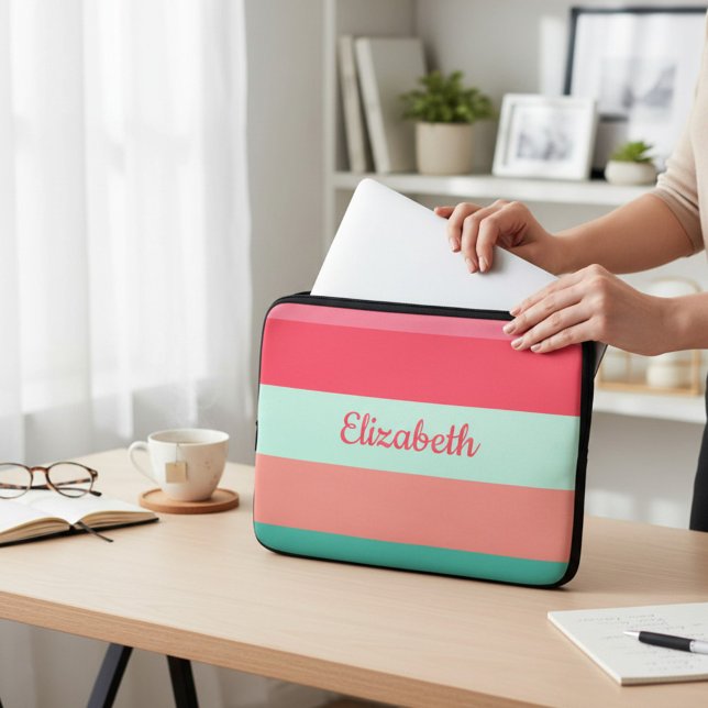Gestreept roze en groen kleurblok laptop sleeve (Creator heeft geüpload)