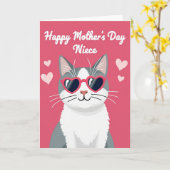 Gestreept Roze Kat Moederdag Kaart (Gele Bloem)