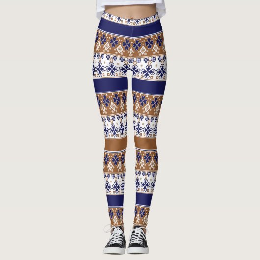 Gestreept Scandinavisch patroon bruin blauw Leggings (Voorkant)