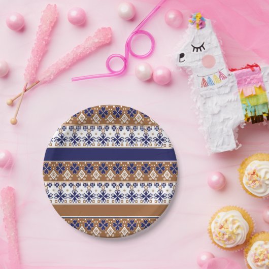 Gestreept Scandinavisch patroon bruin blauw Papieren Bordje (Feest)