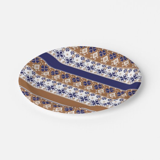 Gestreept Scandinavisch patroon bruin blauw Papieren Bordje (Gekanteld)