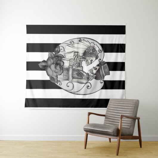 Gestreept Skelet Liefdes Koppel Huwelijksdans Wandkleed (In Situ (horizontaal))