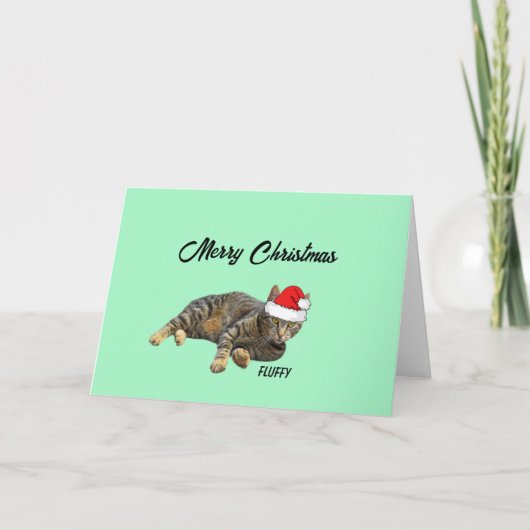 Gestreept Tabby Kat met Kerstman Hoed Feestdagen Kaart (Voorkant)
