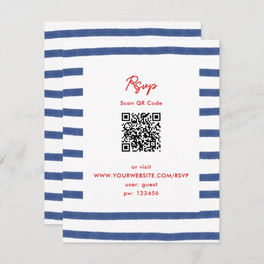 Gestreept Vuurtoren Rood Blauw Oostkust Bruiloft RSVP Kaartje (Voorkant / Achterkant)