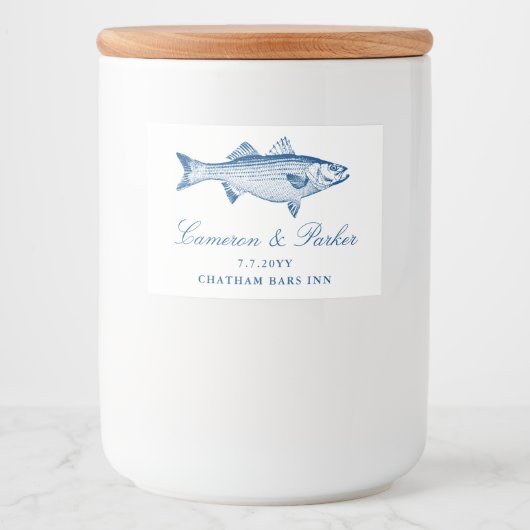 Gestreept Zeebaars Marine Blauwe Vis Bruiloft Gesc Voedselcontainer Etiket (Voorkant)