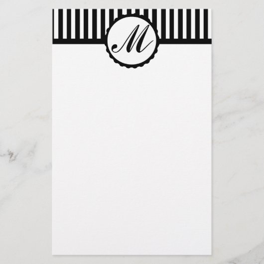 Gestreept zwart wit custom monogram briefpapier (Voorkant)