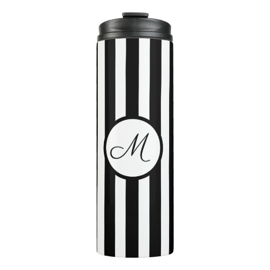 Gestreept zwart wit goud monogram thermosbeker (Voorkant)