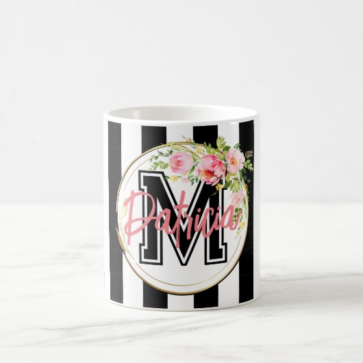 gestreept zwart-wit roze Floral decoratief Koffiemok (Center)