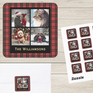 Gestreepte 4 Foto Kerst Rood Zwart Rustieke Chic Vierkante Sticker