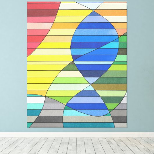 Gestreepte abstract met gele en blauwe vormen canvas afdruk (Insitu (Houten vloer))