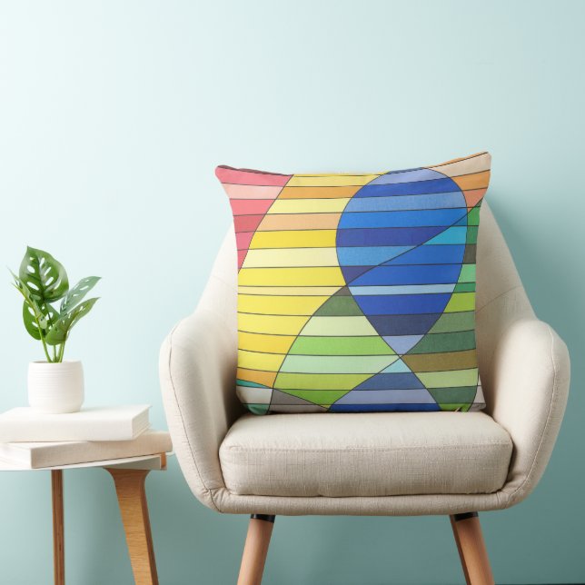Gestreepte abstract met gele en blauwe vormen kussen (Stoel)