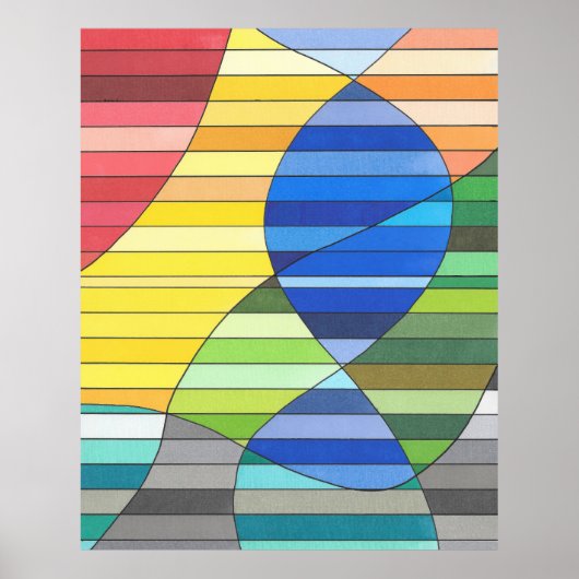 Gestreepte abstract met gele en blauwe vormen poster (Voorkant)