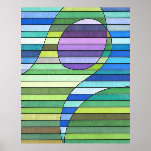 Gestreepte Abstracte Groene Golven en Paarse Cirke Poster (Voorkant)