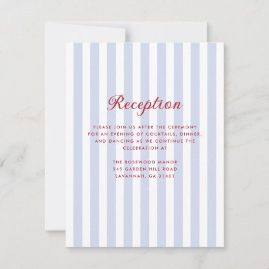 Gestreepte blauw en rood bruiloft receptie Kaart (Voorkant)