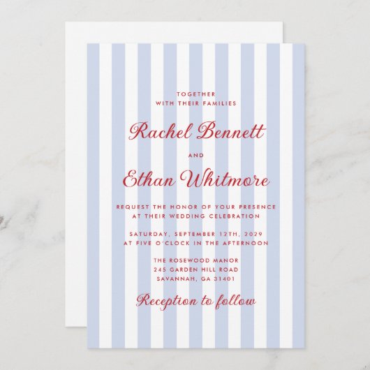 Gestreepte blauwe en rode huwelijksuitnodiging kaart (Voorkant / Achterkant)