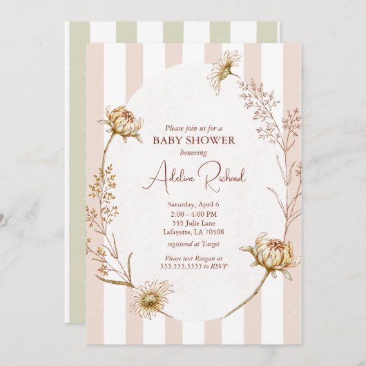 Gestreepte Bloemen Baby shower Uitnodiging (Voorkant / Achterkant)