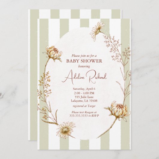 Gestreepte Bloemen Baby shower Uitnodiging (Voorkant / Achterkant)