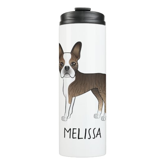 Gestreepte Boston Terrier Cartoon Hond & Aangepast Thermosbeker (Voorkant)