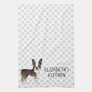 Gestreepte Boston Terrier Cartoonhond & Aangepaste Theedoek