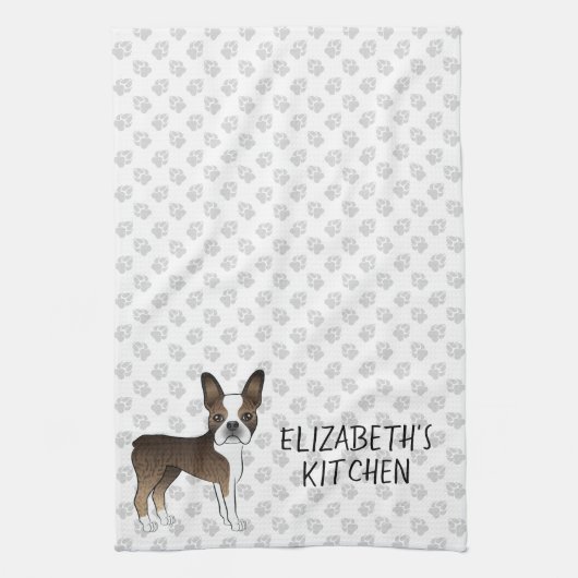 Gestreepte Boston Terrier Cartoonhond & Aangepaste Theedoek (Verticaal)