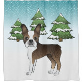 Gestreepte Boston Terrier In Een Winterbos Douchegordijn (Voorkant)