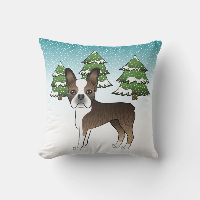 Gestreepte Boston Terrier in een winterbos Kussen (Voorkant)