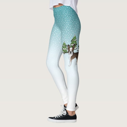 Gestreepte Boston Terrier In Een Winterbos Leggings (Links)