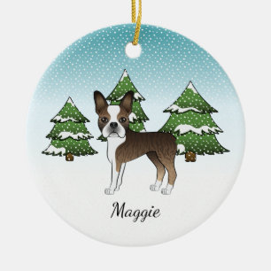 Gestreepte Boston Terrier in een winterbos & naam Keramisch Ornament