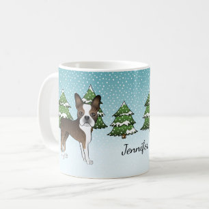 Gestreepte Boston Terrier In Een Winterbos & Naam Koffiemok