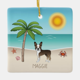 Gestreepte Boston Terrier Op Een Tropisch Zomerstr Keramisch Ornament