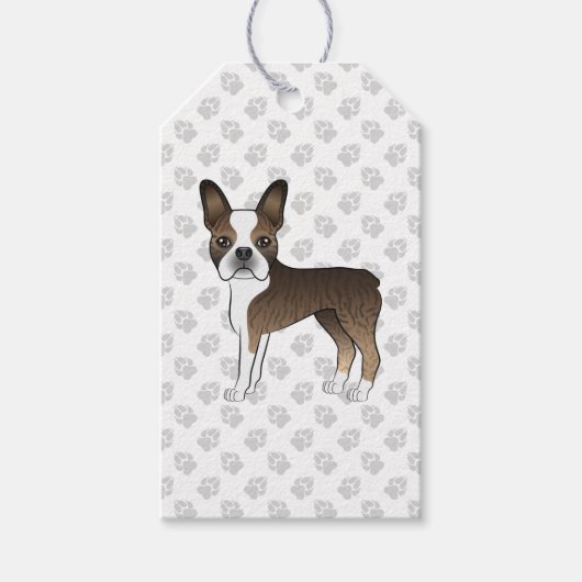 Gestreepte Boston Terrier Schattige Cartoon Hond & Cadeaulabel (Voorkant)