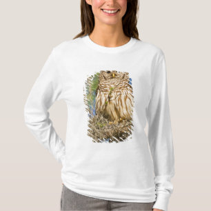 Gestreepte bosuil (Strix varia) op een cipres T-shirt