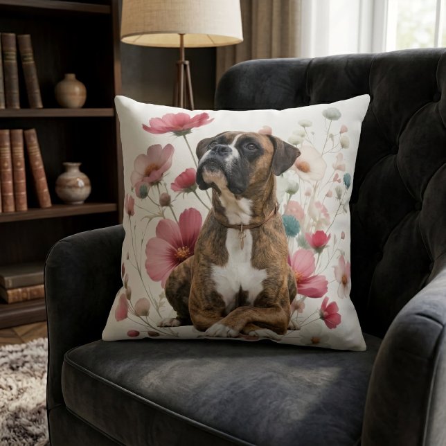 Gestreepte Boxer Hond & Wilde Bloemen Kussen (Creator heeft geüpload)